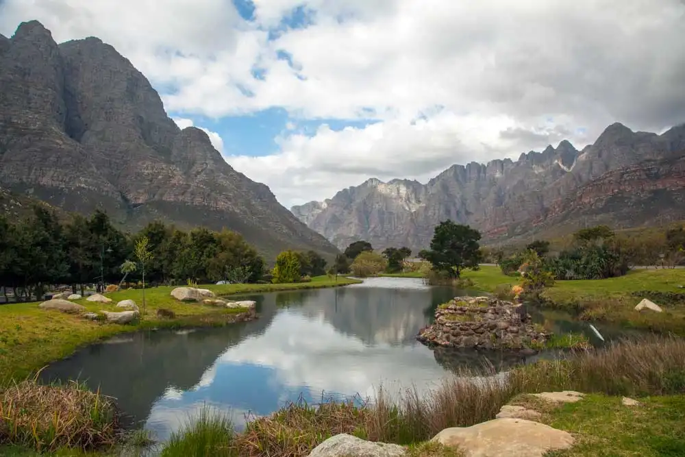 Majestic mountain range reflected in a calm lake in Worcester, Western Cape